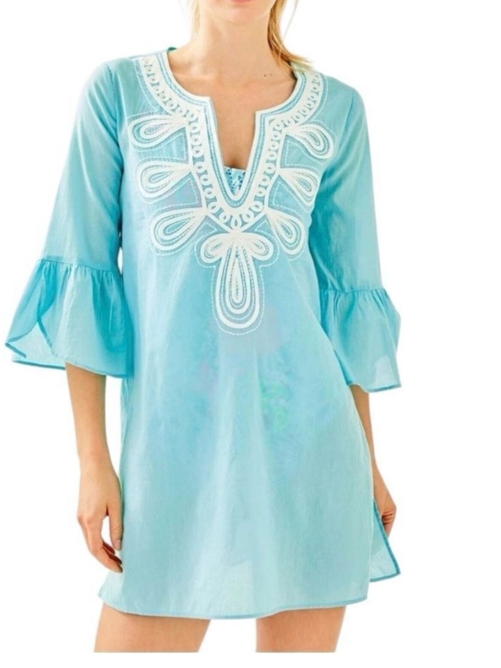 Lilly Pulitzer Aqua Embroidered V-Neck Tunic